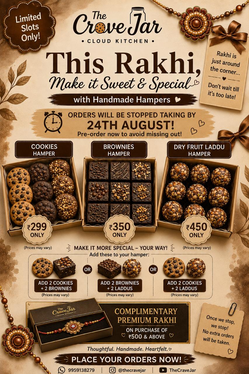 Crave Jar Rakhi hampers with cookies, brownies and dry fruit laddus